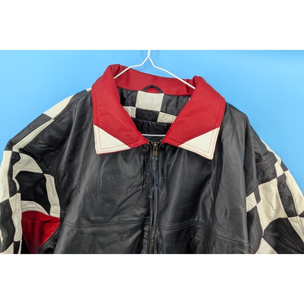 Burk’s Bay Leather Motorcycle Jacket XXL Black Red Racing Biker Vintage Checker